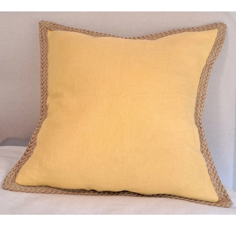 Pottery Barn Yellow Linen Jute Braid Trim Pillow Cover 20x20 (1)